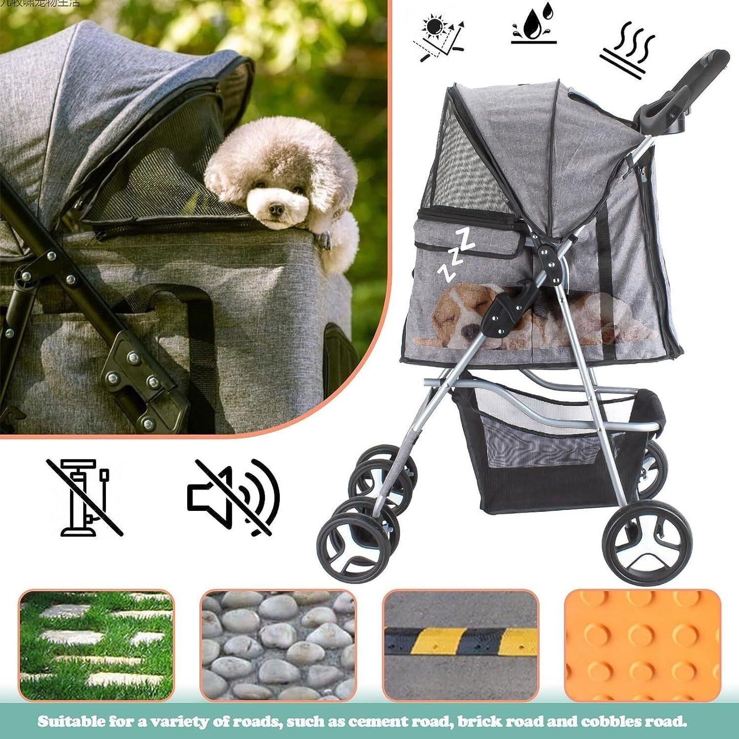 Foldable Pet Stroller with Rain Cover – Compact Pram for Small & Medium Dogs & Cats, Cup Holder & Storage Basket (Purple)