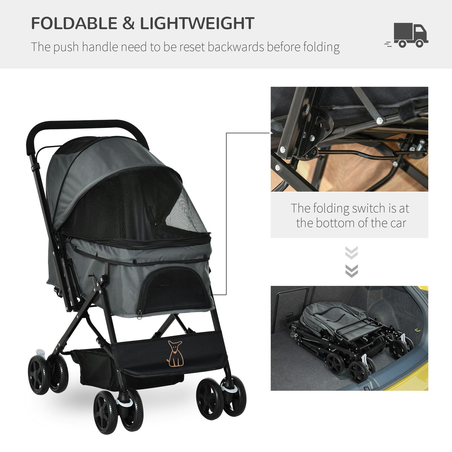 Compact Foldable Pet Stroller for Dogs – Lightweight Travel Cart with Handle, Grey
