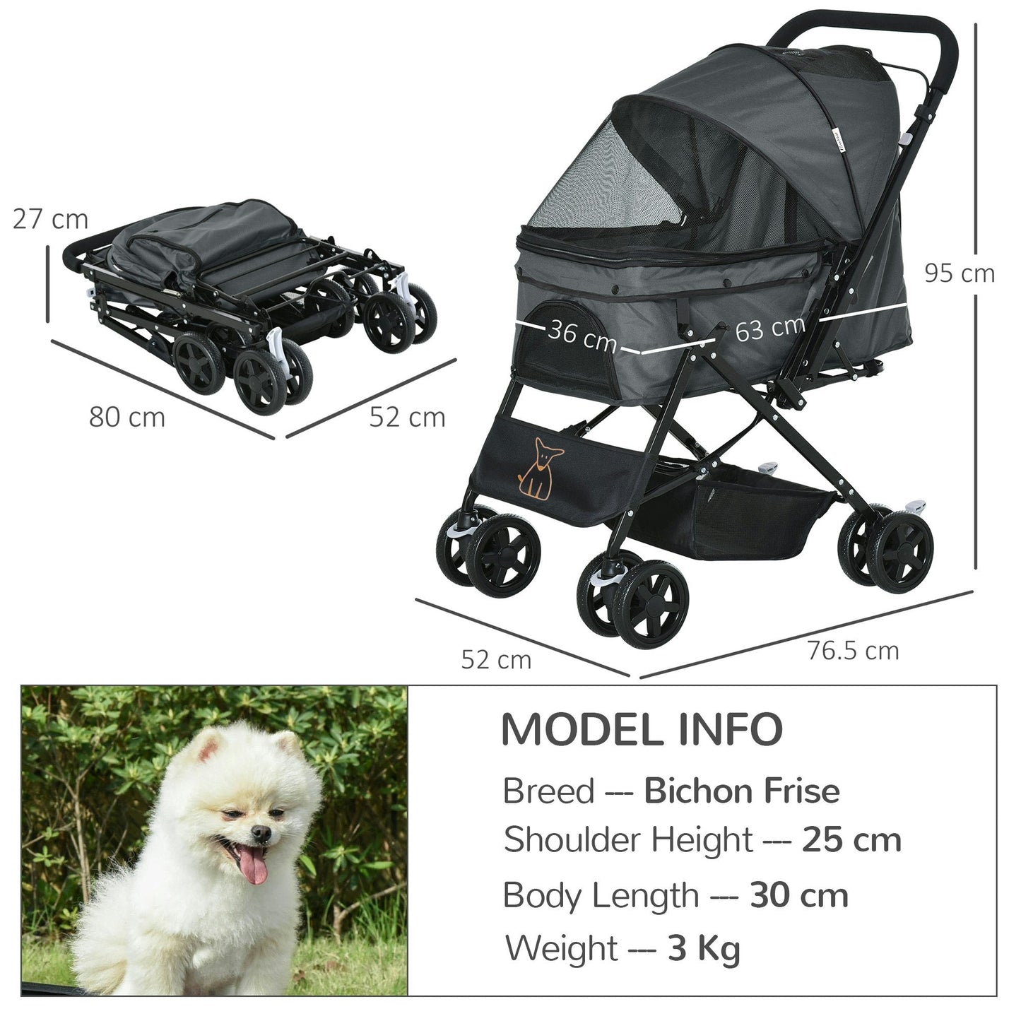 Compact Foldable Pet Stroller for Dogs – Lightweight Travel Cart with Handle, Grey